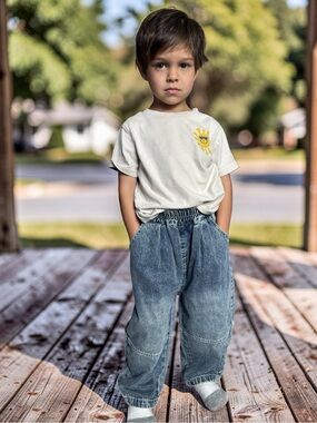 Kids Washed Blue Elastic-Waist Denim Barrel Jeans